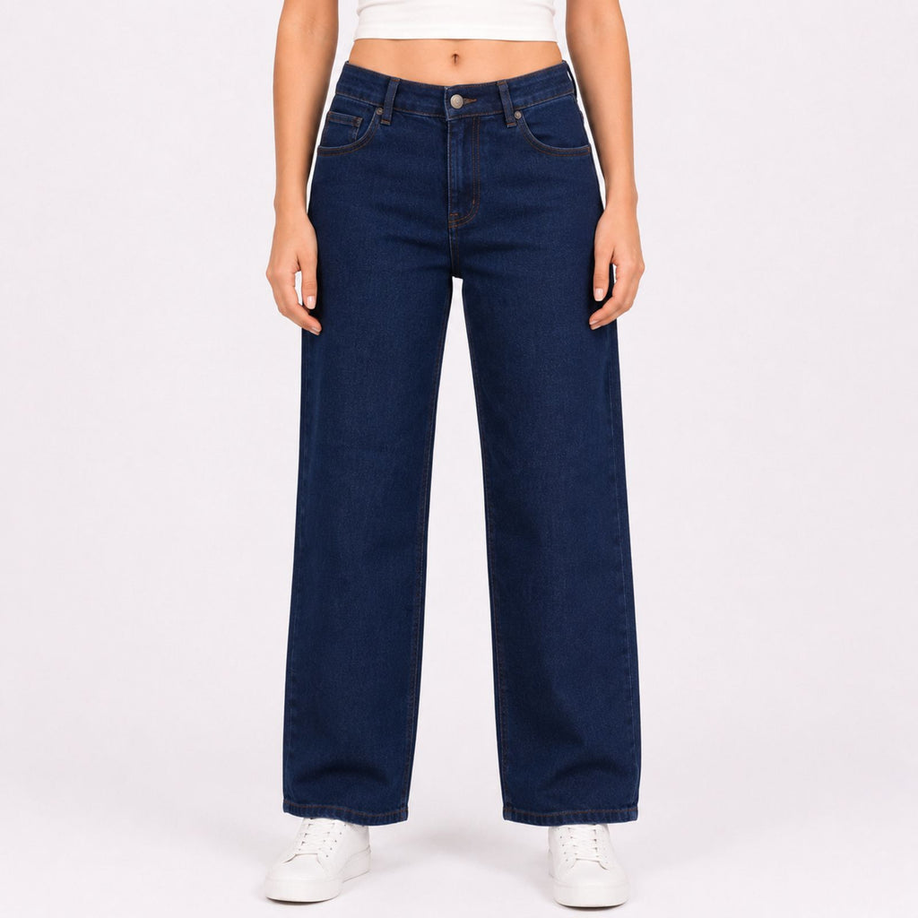 Women's Sleek High-Waist Wide-Leg Dark Navy Blue Denim Jeans-1