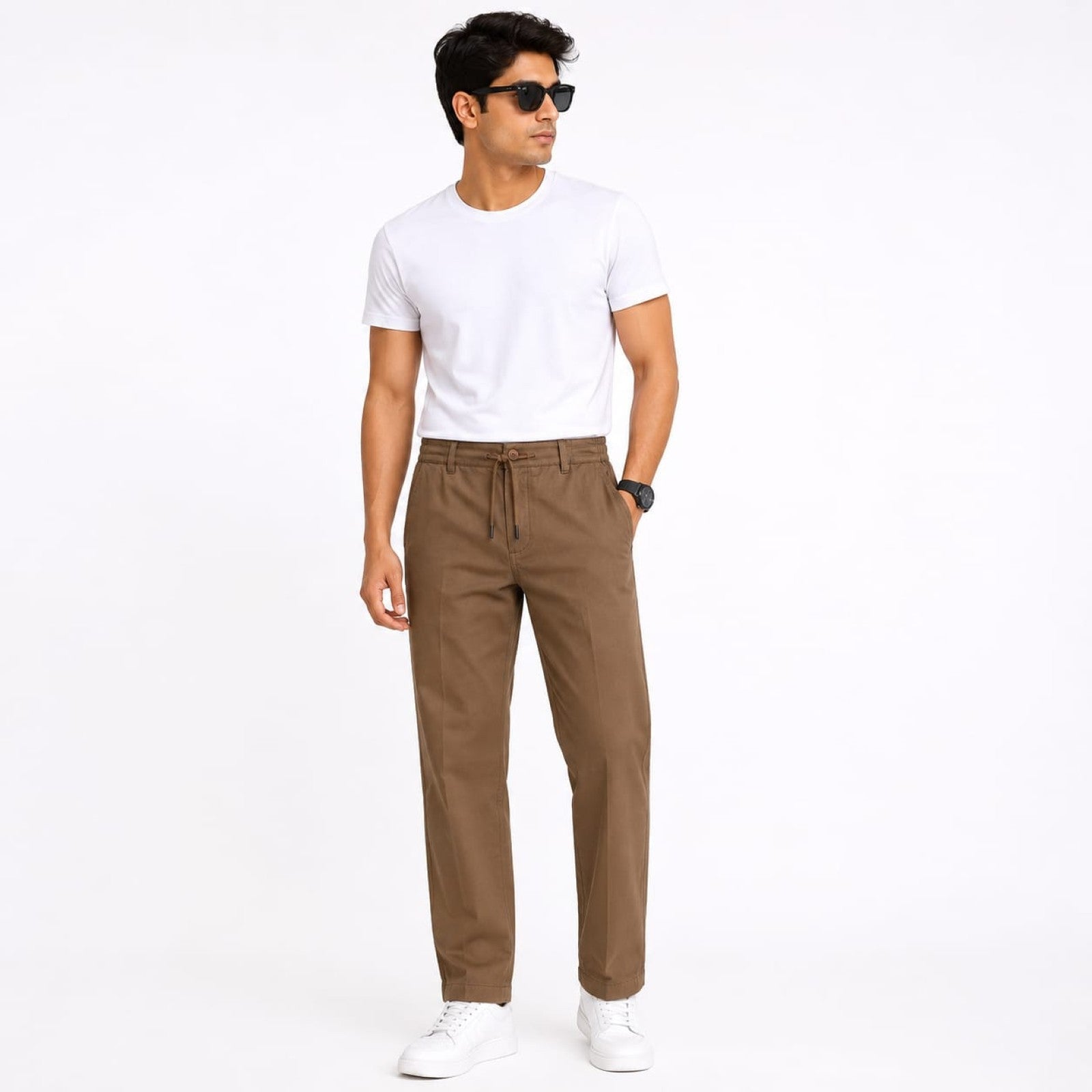 Men's Brown Drawstring Waist Relaxed Fit Casual Trousers-1